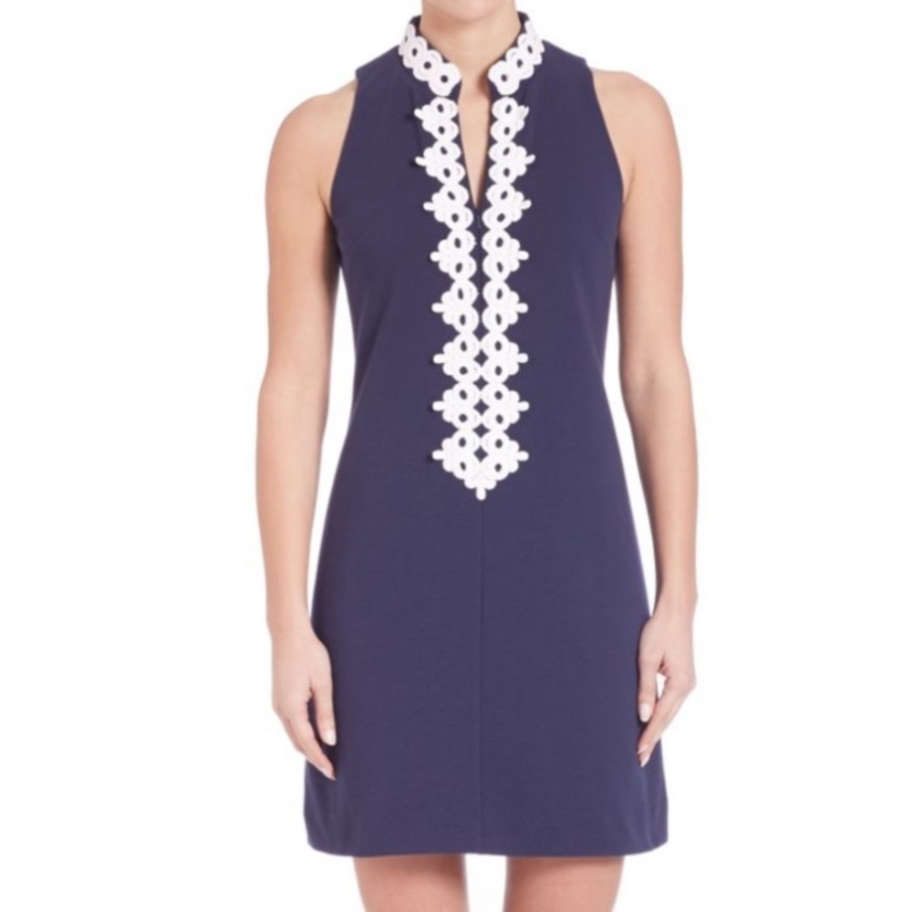 Lilly Pulitzer Navy Blue Callista Ottoman Shift Dress White Lace Trim Size XS - Picture 4 of 13
